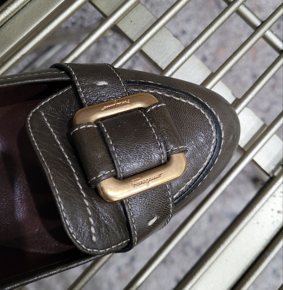 Ferragamo green leather loafer-style heels. Worn one time but too high for me. - Picture 3 of 7